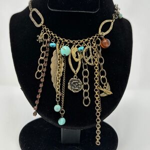 Vintage Brass Bohemian Treasure Necklace Peace Sign Feather Rose Turquoise Beads